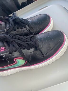 Black NIKE Sneakers with Pink & Teal Swoosh Accent